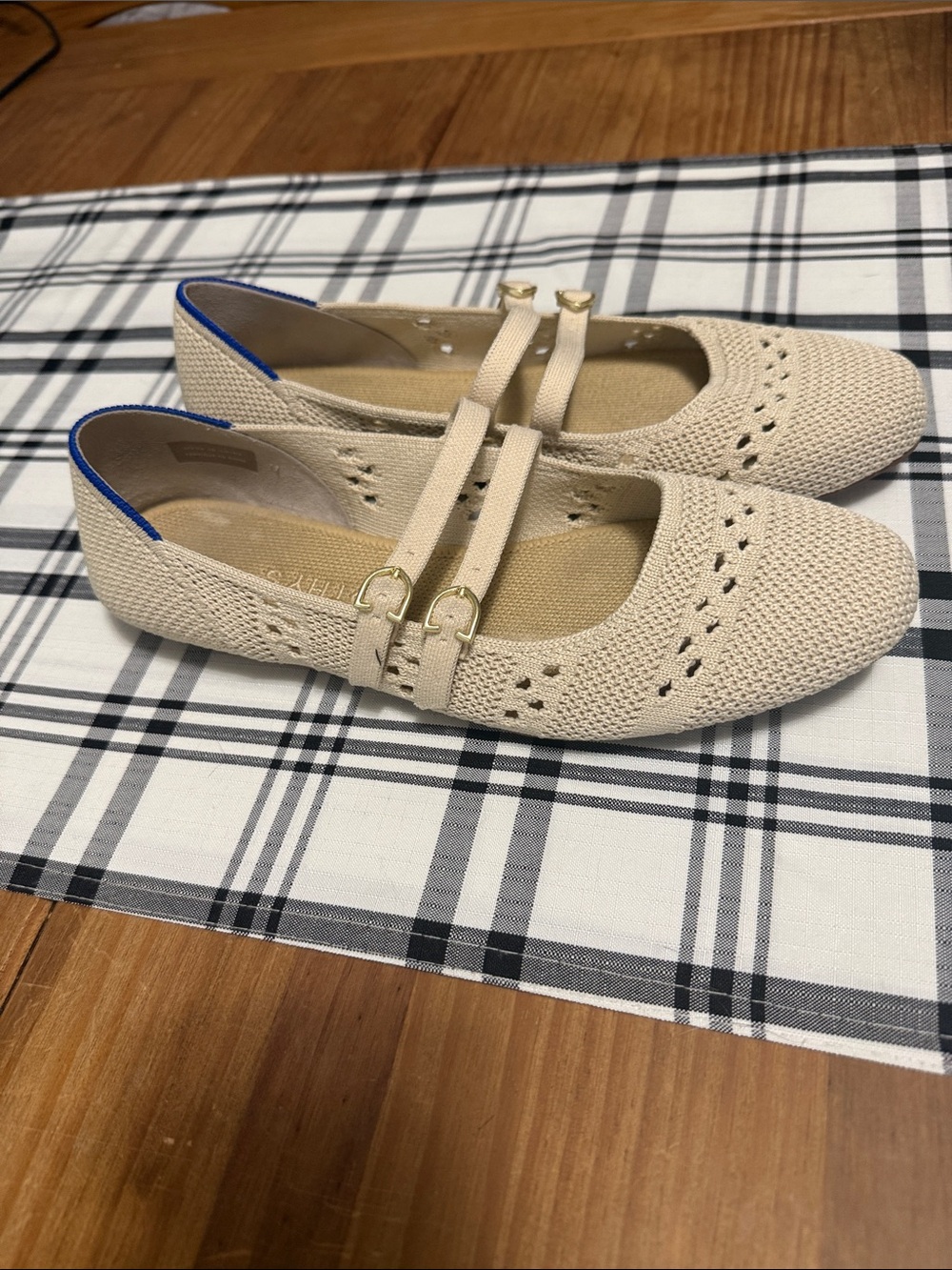 Rothy's Beige Knit Mary Jane Flats with Gold Buckles